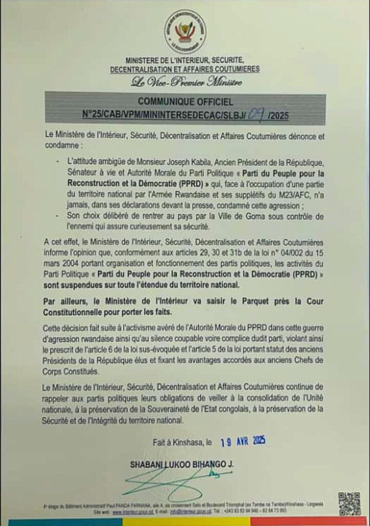 Urgent-RDC : le PPRD de Joseph Kabila suspendu sur toute l'étendue du territoire 2 img 20250420 0600425141877481235768984