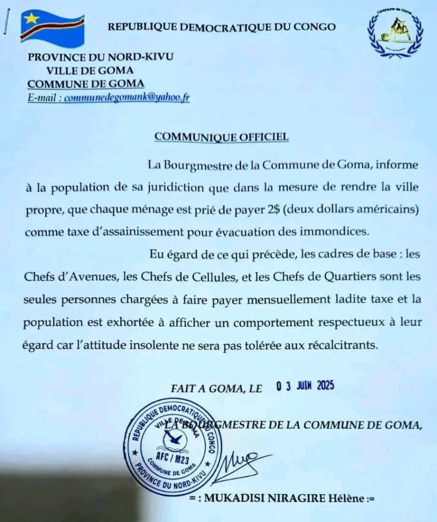 Goma : l'AFC-M23 impose une taxe de 2 dollars à chaque ménage 2 17490099855993938480616553674005