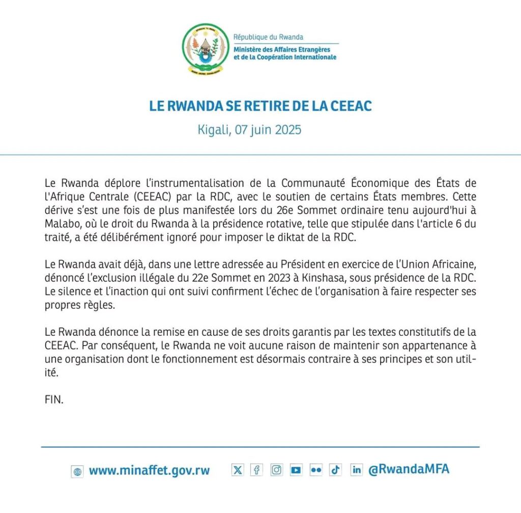 Crise diplomatique : le Rwanda se retire de la CEEAC, accusant la RDC d’instrumentalisation 2 17493279970636426600265255411827