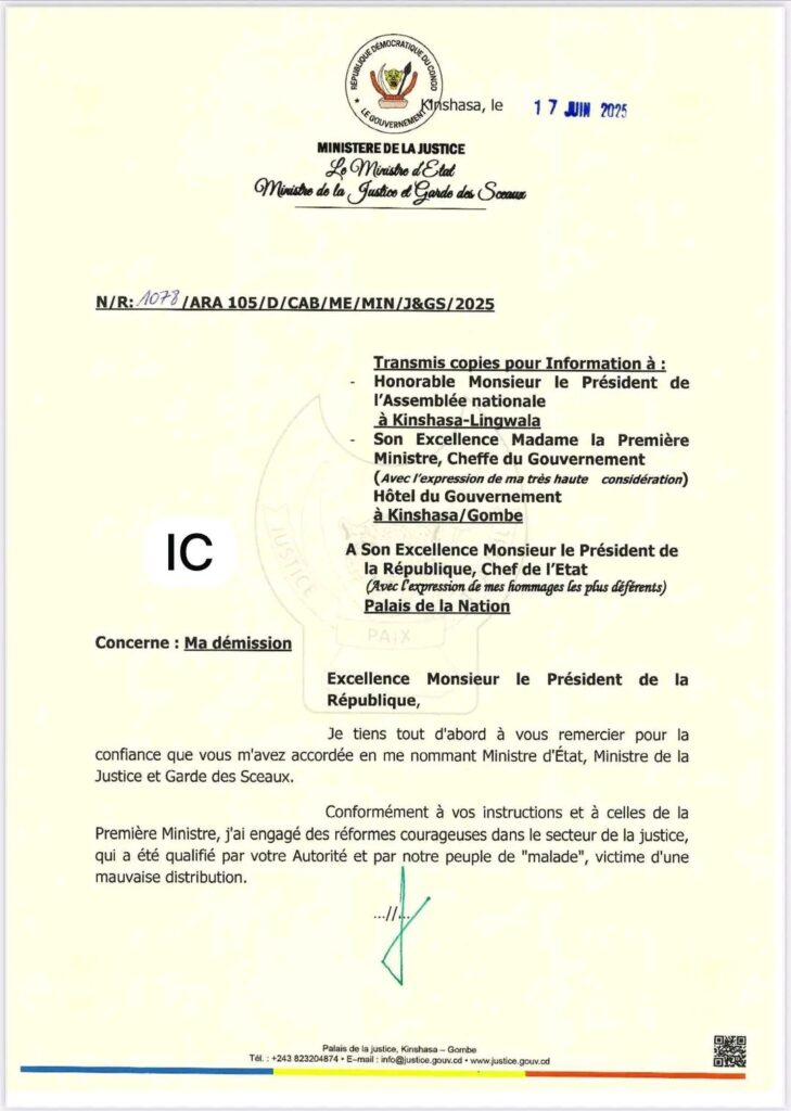 RDC : voici le contenu de la lettre de démission du ministre Constant Mutamba adressée à Félix Tshisekedi 2 1750268847351824031220574140719